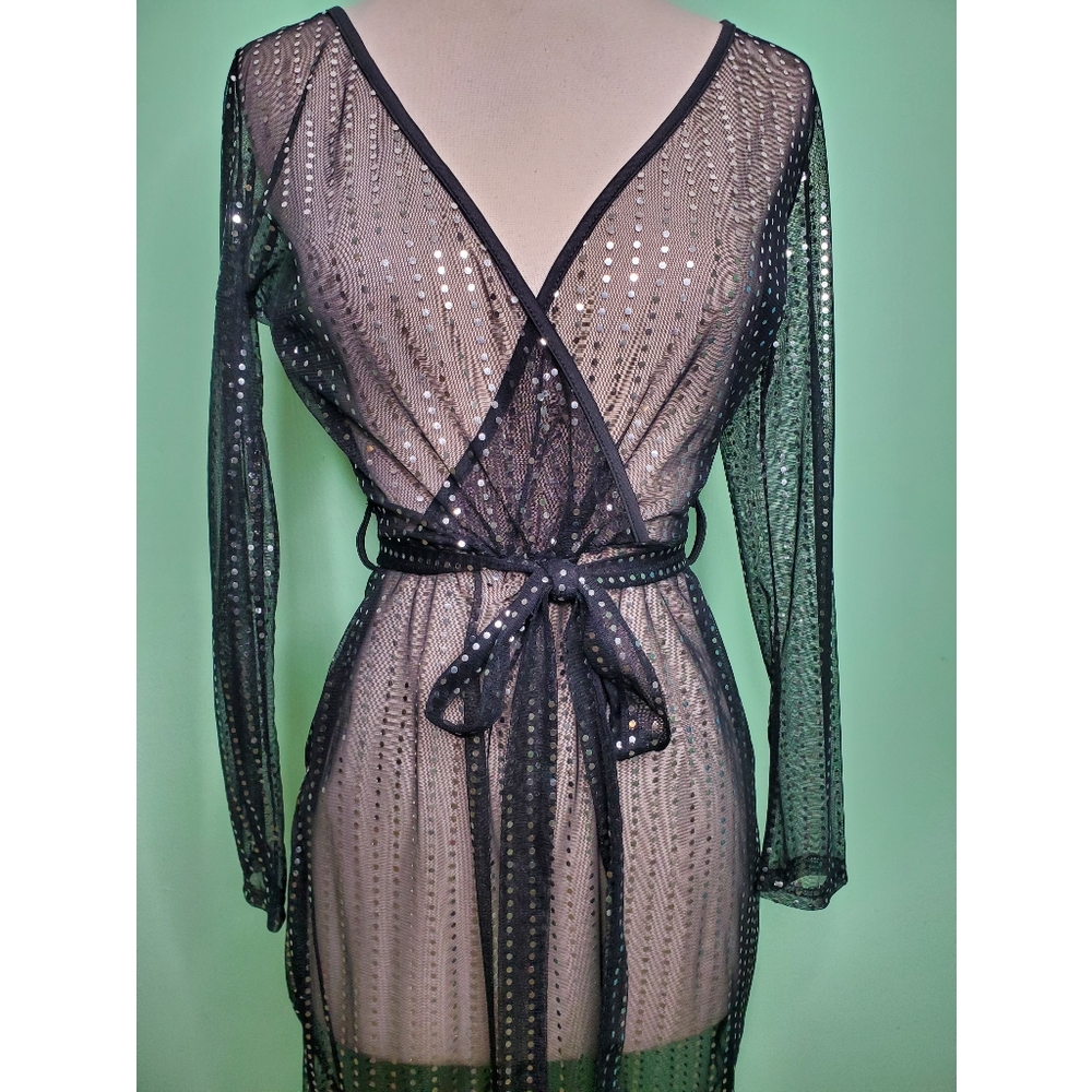 Sheer Black and Silver Metallic Faux Wrap Dress - Picture 3 of 10
